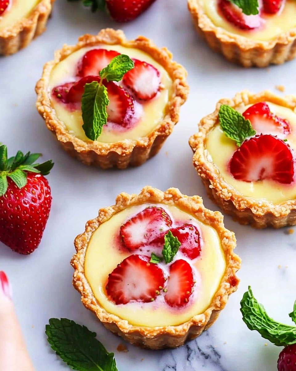 Four small tartlets sit on a white marbled surface, each with a golden, flaky crust. Inside each tartlet is a creamy yellow layer with visible pieces of red strawberries swirled into the filling. Small green mint leaves are sprinkled on top, adding a touch of fresh color. Around the tartlets, there are whole bright red strawberries placed casually. The background is light and soft, making the tartlets stand out clearly. photo taken with an iphone --ar 4:5 --v 6.1