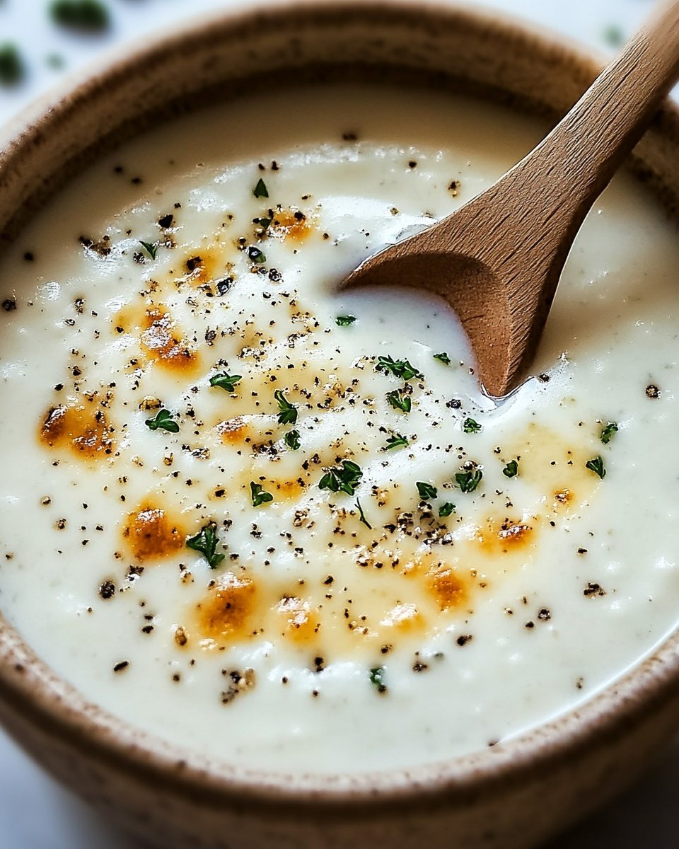 A wooden bowl filled with a creamy, thick white sauce that has a smooth texture with small bubbles and gentle waves on the surface. The sauce is sprinkled with chopped green herbs and coarse black pepper flakes scattered evenly on top. There are thin drizzles of golden olive oil adding a shiny finish. The bowl is placed on a white marbled surface, and the background is softly blurred, focusing on the sauce's texture and toppings. photo taken with an iphone --ar 4:5 --v 6.1