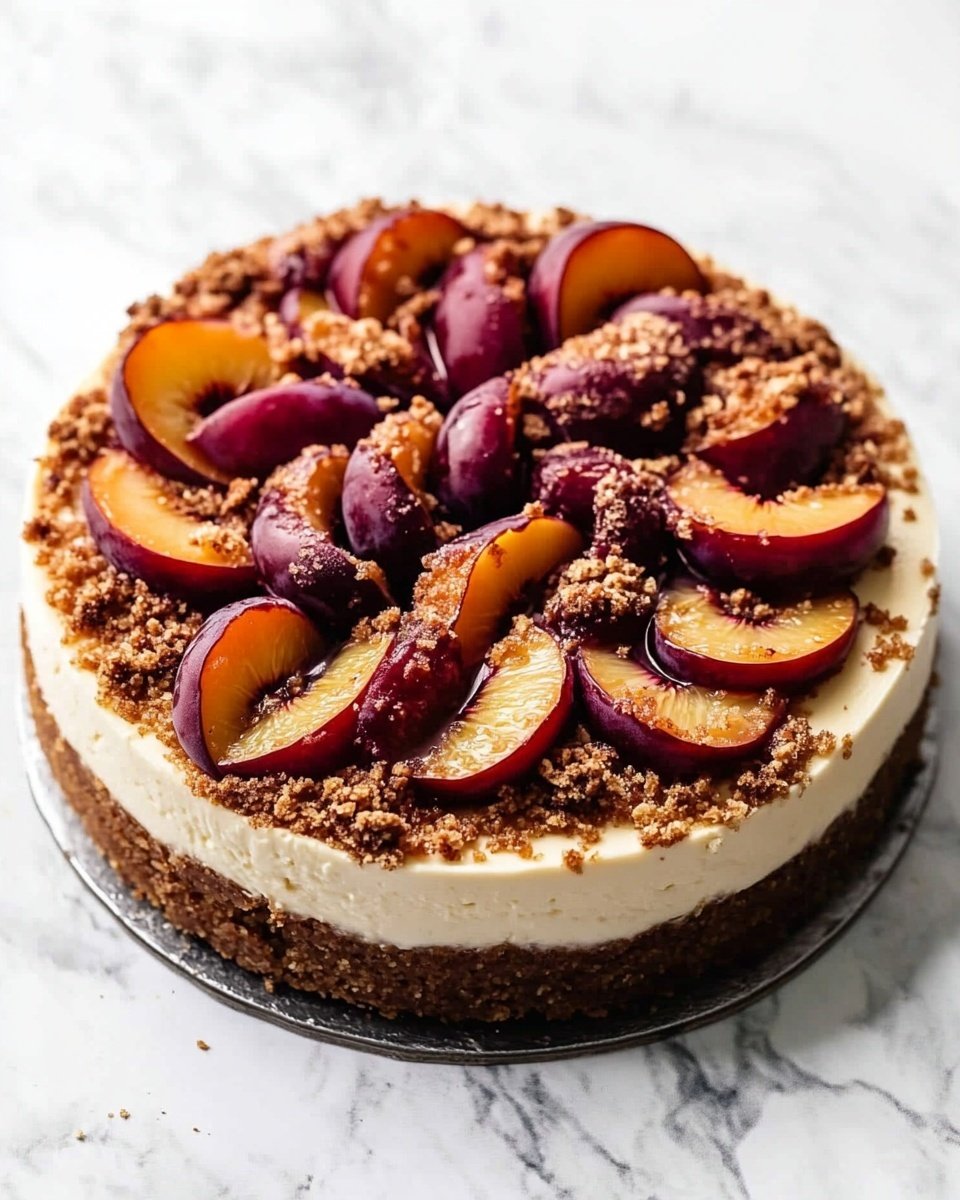 A round cheesecake with three visible layers sits on a white marbled surface, starting with a thick, dark brown crust forming the base and sides. The middle layer is a smooth, light beige cheesecake filling with a creamy texture, topped with a layer of sliced plums that are deep red and orange, arranged casually but well spread. Scattered over the plums is a crumbly streusel topping with a light tan color, adding texture and contrast. The whole dessert looks moist and inviting, with the shiny plum slices contrasting against the matte crumbs and smooth cheesecake photo taken with an iphone --ar 4:5 --v 6.1