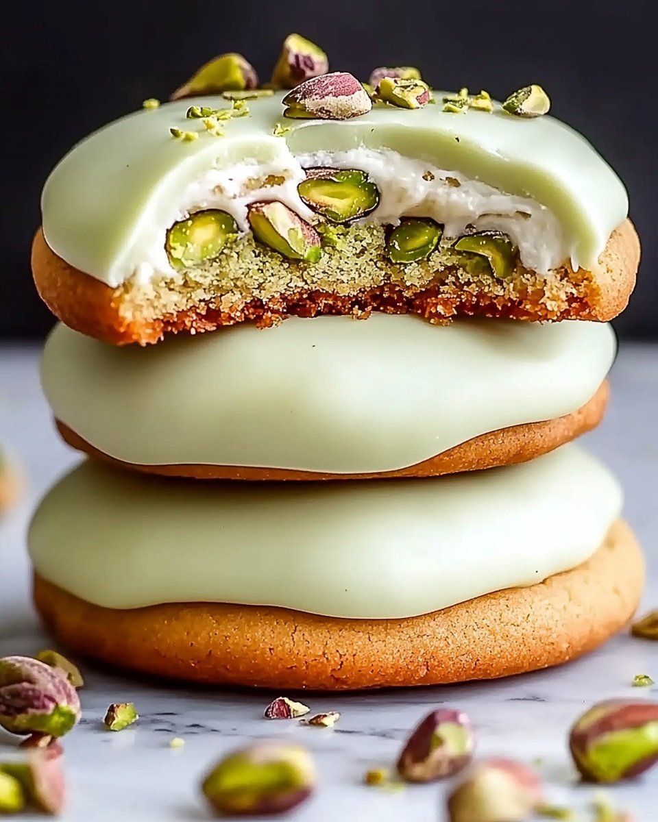 The image shows a stack of two round cookies on a white marbled surface, each cookie having a smooth light green icing on top that slightly drips down the edges. The top cookie is cut in half, revealing three layers: the outer cookie layer is golden brown with a soft, crumbly texture, the middle layer is white cream filled with small pistachio nut pieces, and the top is coated with the same light green smooth icing. Scattered around the cookies are whole and chopped pistachio nuts with green and brown shells. Photo taken with an iphone --ar 4:5 --v 6.1