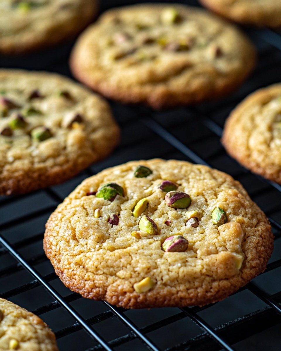 The image shows several round cookies with a golden-brown color resting on a black cooling rack. Each cookie has small chunks of green pistachios scattered on top, giving a crunchy texture. The cookies have a slightly rough, crumbly surface and look soft in the middle. The background is dark, making the cookies stand out more clearly. Photo taken with an iphone --ar 4:5 --v 6.1