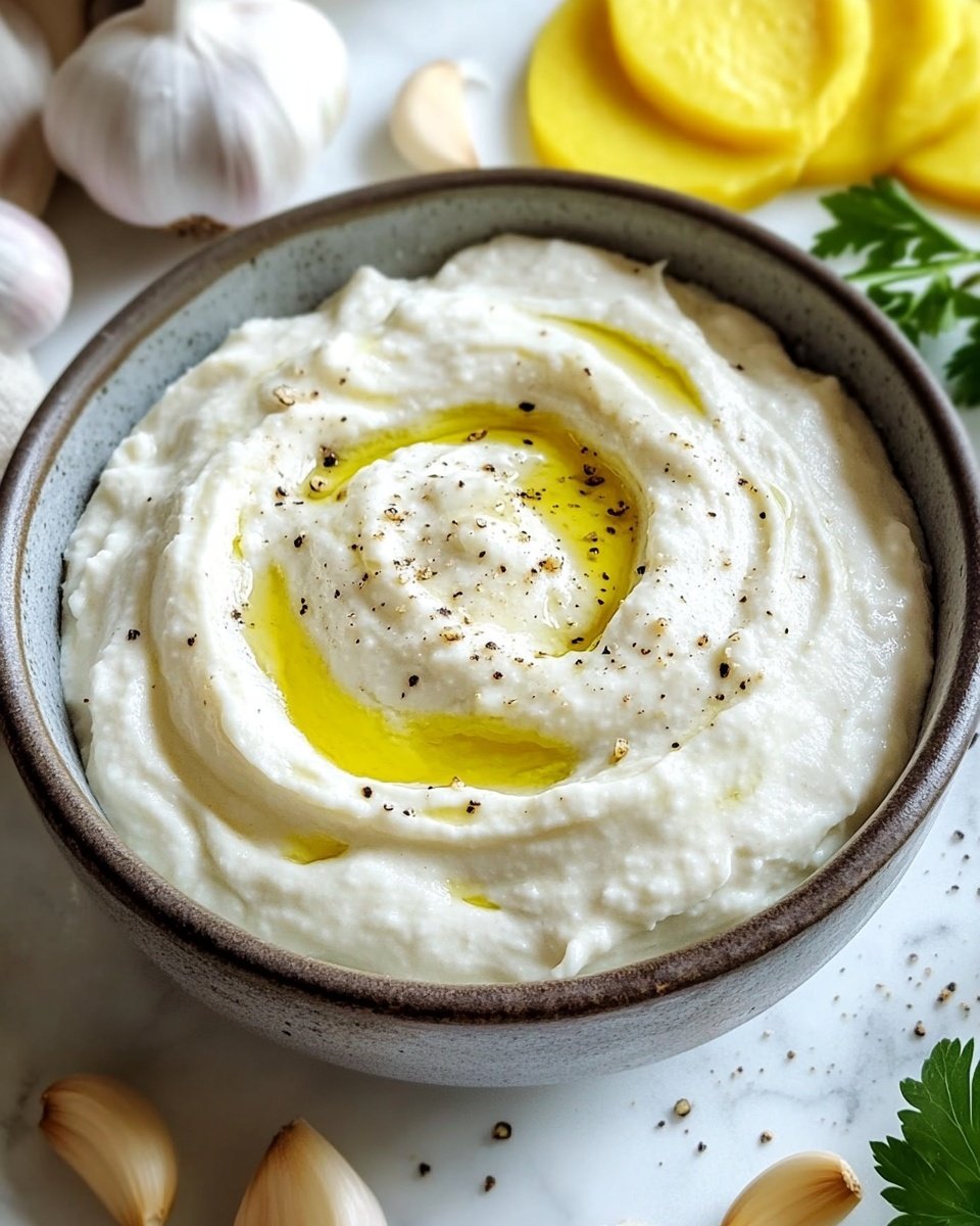A white bowl filled with creamy, smooth white dip swirled on top with a little drizzle of light yellow oil and sprinkled with small black pepper bits. The bowl sits on a white marbled surface with a white cloth partly under it. Around the bowl, there are whole and peeled garlic cloves, a head of garlic, a bunch of green parsley, a wooden spoon, and some pale yellow sliced rounds of a vegetable in the background. The scene has soft natural light. photo taken with an iphone --ar 4:5 --v 6.1