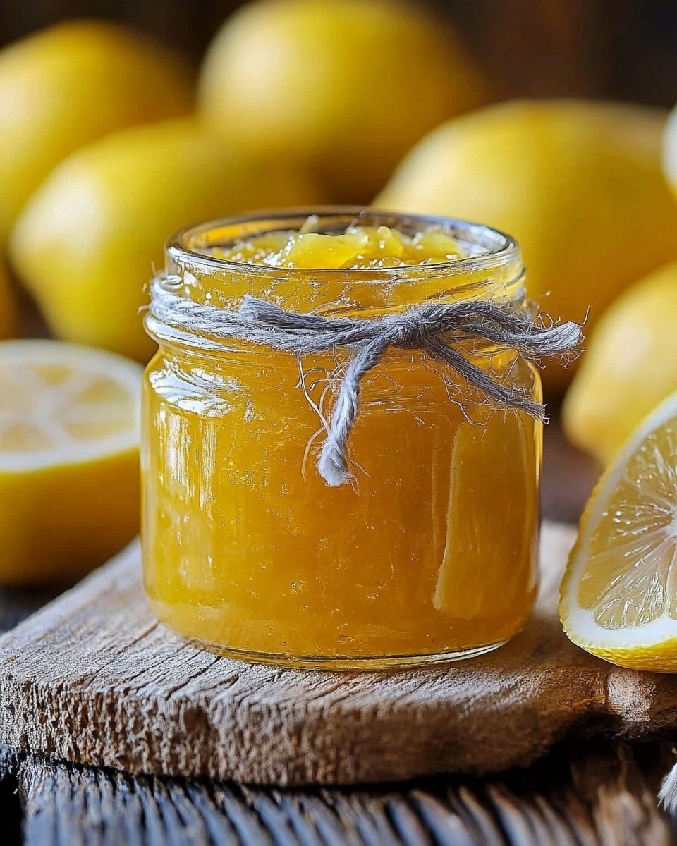 A clear glass jar filled with bright yellow chunky lemon jam, showing small pieces of lemon inside, sits on a small wooden board with a white cloth underneath. Around the jar, there are whole and halved fresh lemons with vibrant yellow skin and juicy insides. A honey dipper made of light wood lies next to the jar. The background is a white marbled texture with soft lighting, giving a fresh and natural feel. Photo taken with an iphone --ar 4:5 --v 6.1