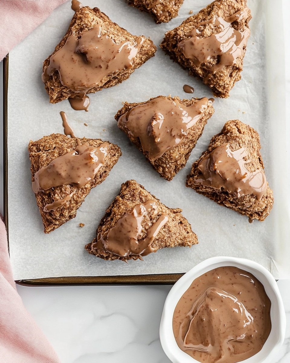 The image shows six golden-brown scones on white parchment paper on a baking tray. Each scone has an uneven, rough texture with small chunks of nuts visible inside. A glossy, light brown glaze with a creamy texture is drizzled unevenly over the top of each scone, spreading slightly onto the parchment. The scones are arranged loosely, with some crumbs and glaze spots scattered around them. The background is a white marbled texture with a soft focus on the edges. Photo taken with an iphone --ar 4:5 --v 6.1