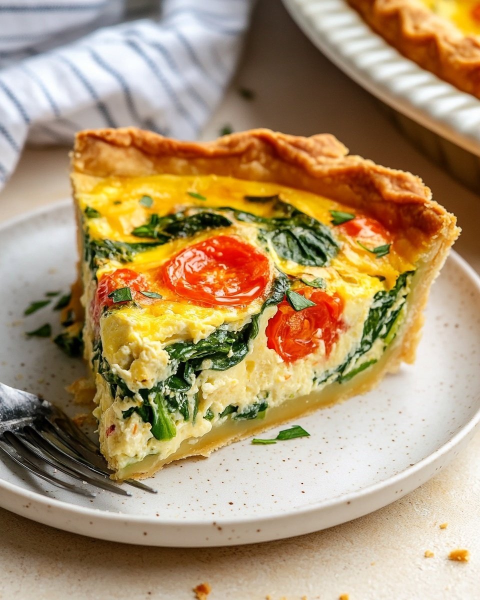 A round quiche with a golden brown crust sits in a clear glass pie dish on a white marbled surface covered with a black and white checkered cloth. The quiche is sliced into six pieces, with one slice being lifted by a knife with a light wooden handle on the right side. The quiche has a thick yellow cheese layer mixed with green spinach and red tomato slices, topped with thinly sliced green basil. In the lower left, one slice is placed on a white plate with some cheese and greens visible. Nearby is a silver fork on the plate. The whole scene is bright and fresh with natural light. photo taken with an iphone --ar 4:5 --v 6.1