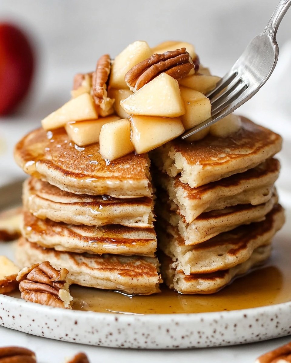 A stack of six thick, golden-brown pancakes sits in the center of a white plate, with chopped light yellow apple pieces and light brown pecan halves both on top and scattered around the base on the plate. The top of the pancakes is being drizzled with amber syrup that flows down the sides of the stack, adding a shiny, sticky texture. The background features a soft, white marbled surface. Photo taken with an iphone --ar 4:5 --v 6.1