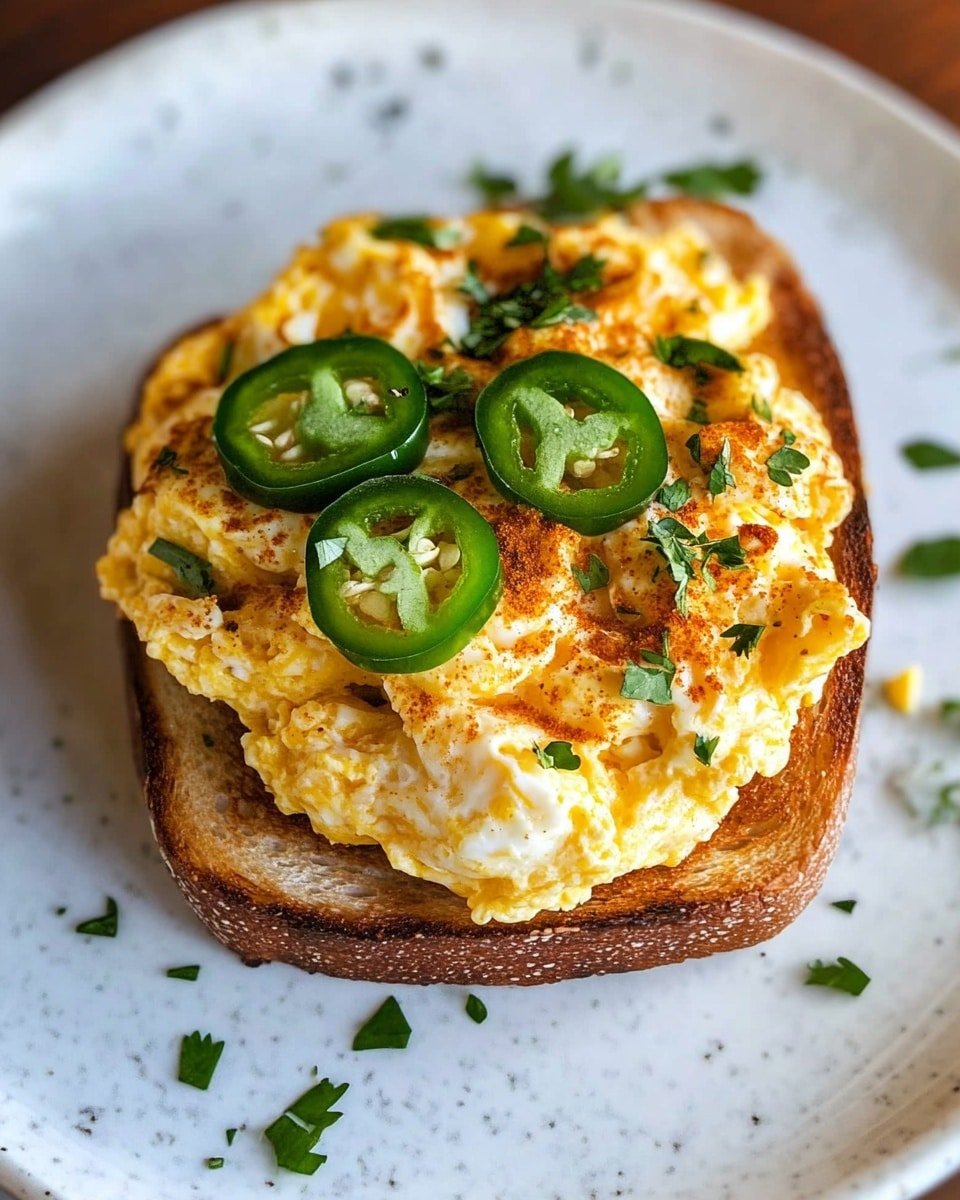 A single toast slice sits at the bottom layer, light brown with a soft texture. On top of the toast is a thick layer of scrambled eggs mixed with small pieces of white cheese, cooked to be golden brown with crispy edges showing a rich orange-yellow color. Three thin green jalapeño slices rest on top, adding a fresh bright green contrast. Small green herb pieces are scattered around the plate and lightly on the eggs, all presented on a white plate with a white marbled surface underneath. photo taken with an iphone --ar 4:5 --v 6.1