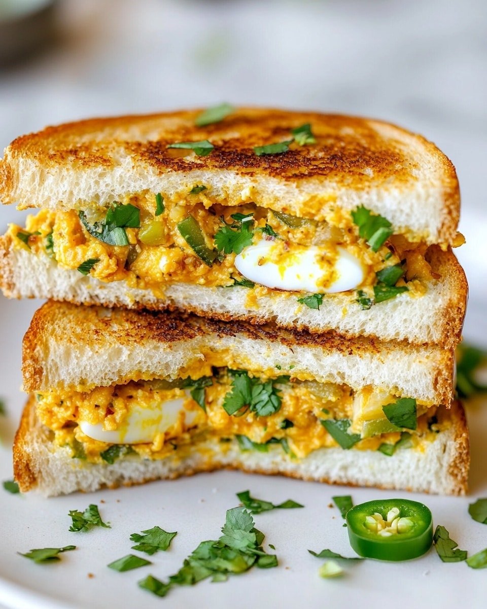 The image shows a sandwich cut in half and stacked, placed on a white plate with some green herbs scattered around. Each sandwich half has three main layers: the bottom and top layers are toasted white bread with a light brown crust, and in the middle is a thick, textured filling made of chopped boiled egg mixed with a creamy orange spread, topped with slices of green jalapeño peppers and small pieces of green herbs. The filling has browned spots, indicating it is slightly toasted or cooked on top. The background is a white marbled surface, and the photo is clear and bright, showing the fresh and cooked textures of the sandwich nicely photo taken with an iphone --ar 4:5 --v 6.1