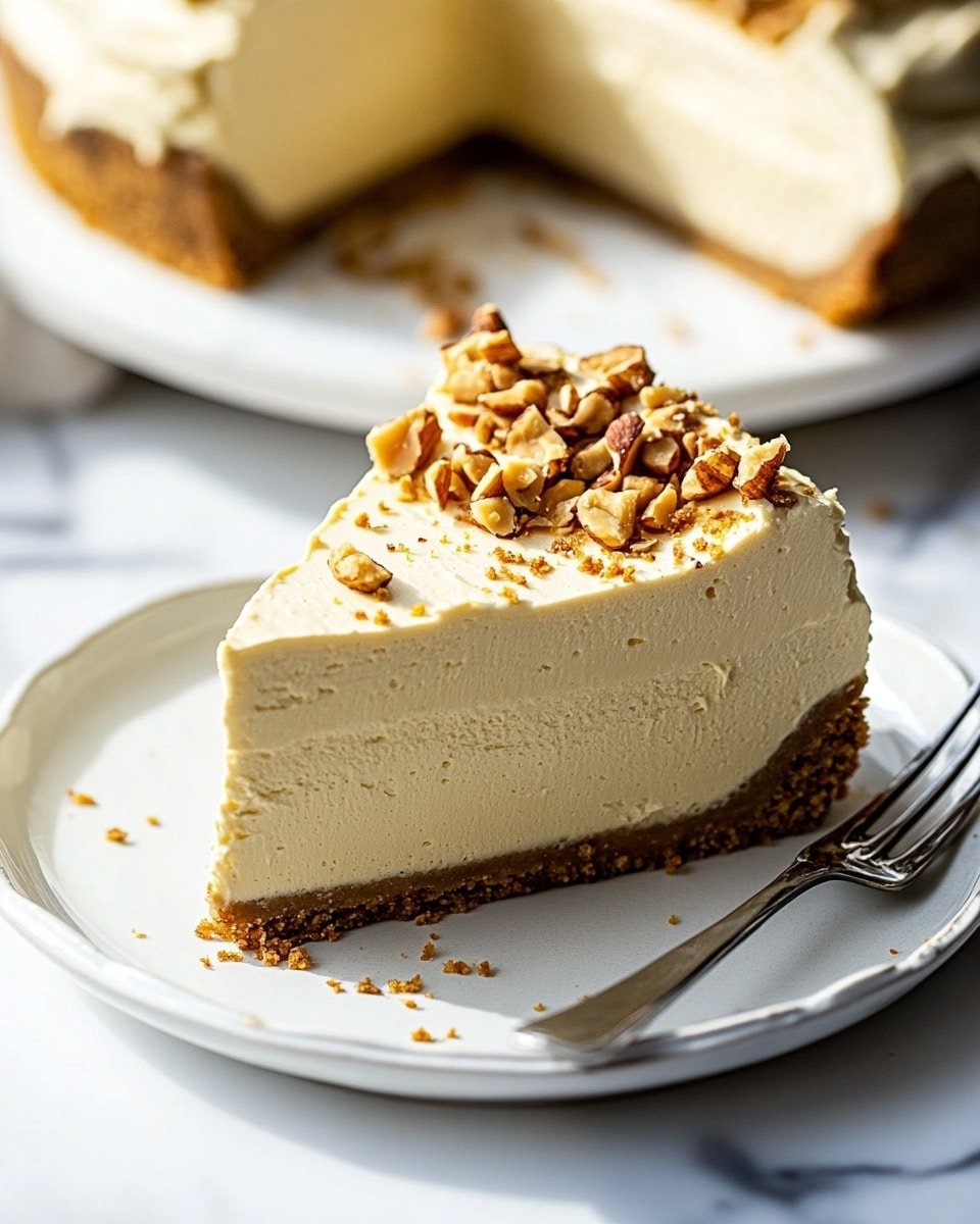 The image shows a cheesecake with three clear layers: a thick, crumbly brown crust at the bottom that extends up the sides, a dense, creamy beige middle layer filling most of the cake, and a top layer of light beige whipped cream spread unevenly with small swirl shapes and sprinkled with chopped green pistachios. One slice is taken out, revealing the smooth texture of the middle layer and some crumbs scattered on the parchment paper underneath the cake. The cheesecake sits on parchment paper that rests on a white marble surface. The scene is brightly lit, creating sharp shadows and warm tones. photo taken with an iphone --ar 4:5 --v 6.1