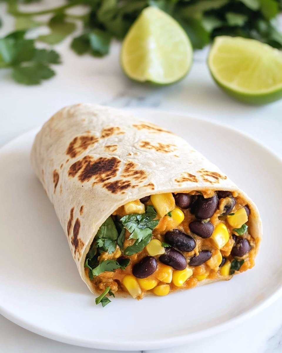 The image shows a white plate on a white marbled surface holding a wrap cut into two halves, placed side by side. The wrap has a light beige, soft tortilla with warm brown grill spots on the surface. Inside, there are three visible layers: cooked corn kernels in golden yellow, black beans that add a dark contrast, and chopped green leafy herbs mixed with diced onions that have a light translucent look, all combined with a creamy orange sauce binding the filling together. In the background, there are lime wedges and fresh leafy green herbs slightly blurred. Photo taken with an iphone --ar 4:5 --v 6.1