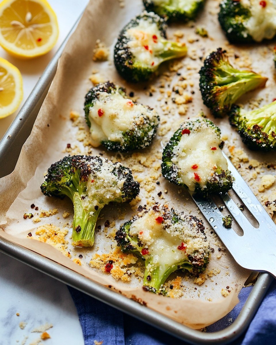 The image shows a metal baking tray lined with light brown parchment paper holding several pieces of roasted broccoli. Each broccoli piece is topped with melted white cheese and sprinkled with red chili flakes and grated parmesan, giving a speckled look with white and red details. The broccoli is roasted to a mix of bright green and charred dark edges, showing a crispy texture. One piece is held by a metal spatula resting on the tray. On the left side, two squeezed lemon halves sit on a white marbled surface, with a blue cloth partially visible underneath the tray. The light is natural and soft, highlighting the textures well. photo taken with an iphone --ar 4:5 --v 6.1