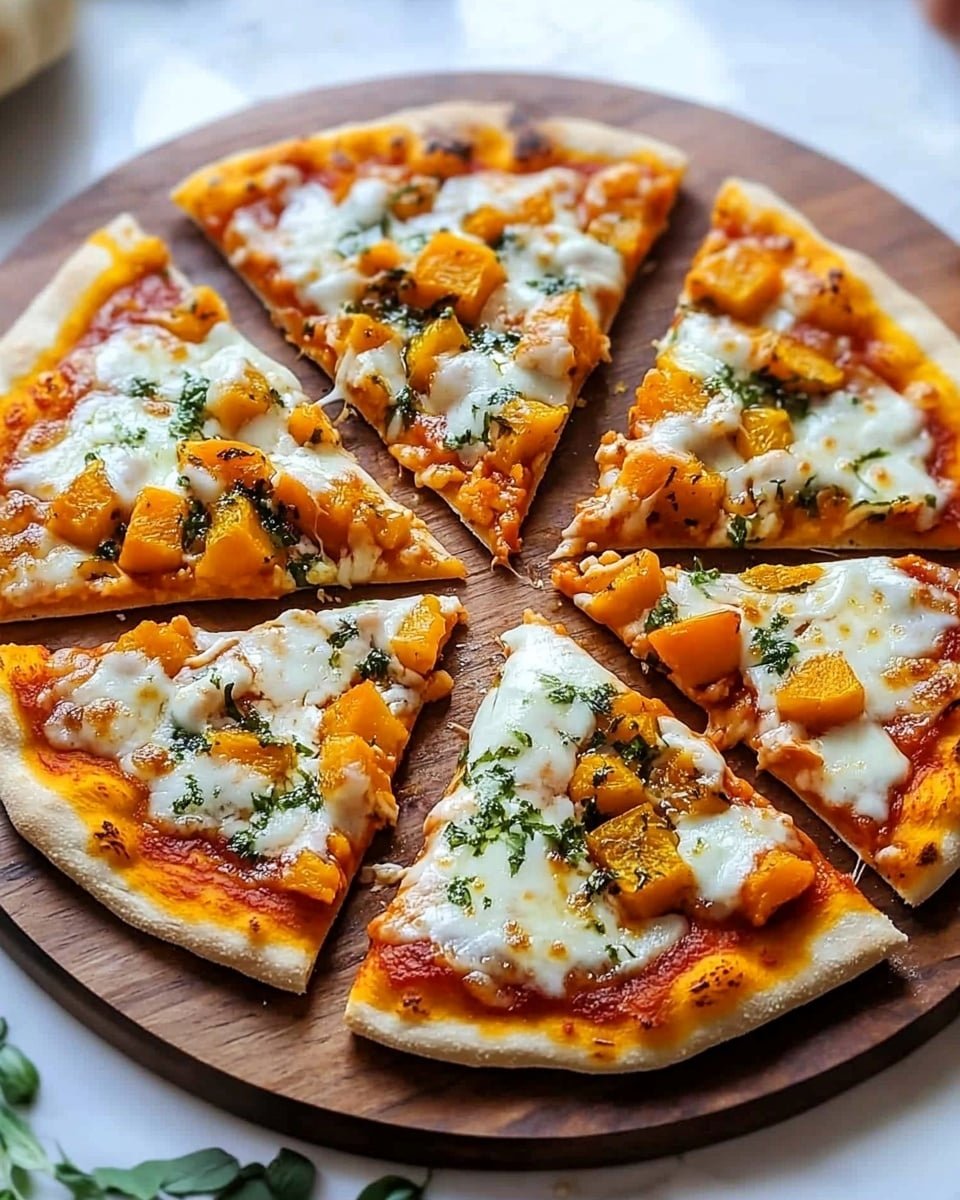 A pizza with a light golden crust sits on a wooden board over a white marbled surface. The pizza is sliced into eight pieces, showing three layers: a red tomato sauce base, a thick layer of melted white cheese that is slightly browned in spots, and yellow-orange chunks of roasted squash scattered evenly. There are small green herb flecks sprinkled generously on top, adding contrast to the cheese and squash. The edges of the crust are puffy and soft-looking, with a slight golden-brown tint. photo taken with an iphone --ar 4:5 --v 6.1