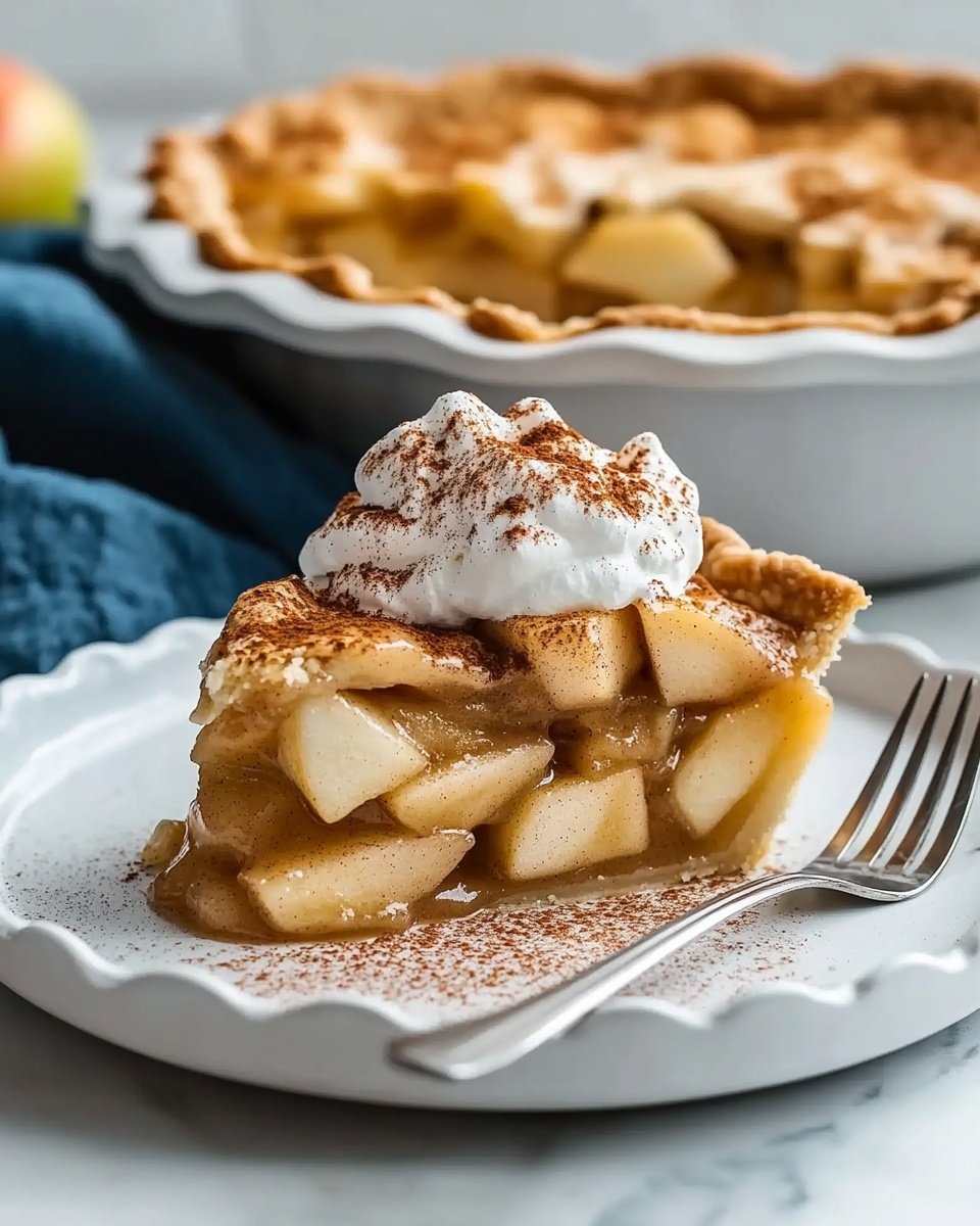A single square piece of apple dessert is placed on a stack of three white plates. The dessert has two visible layers of light golden baked apple slices mixed with a soft, creamy filling. On top, there is a thick dollop of white whipped cream, dusted lightly with brown cinnamon powder. The edges of the apple dessert are slightly browned, showing a baked texture. A silver fork rests on the plate with its handle pointing outward. The setting is on a white marbled surface with a soft blue cloth napkin under the plates. In the blurred background, a white baking dish with the rest of the apple dessert and some apples are visible. photo taken with an iphone --ar 4:5 --v 6.1