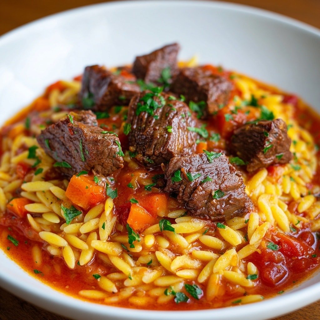 A bowl with a layer of small orzo pasta at the bottom, light yellow and glossy, mixed with a bright red tomato sauce that has pieces of tomato and carrot scattered throughout. On top of the orzo, there are chunks of cooked beef, dark brown with a slightly shiny texture from the sauce. The dish is sprinkled with small pieces of fresh green parsley. The bowl is white with a dark inner rim, placed on a white marbled surface. Photo taken with an iphone --ar 4:5 --v 6.1