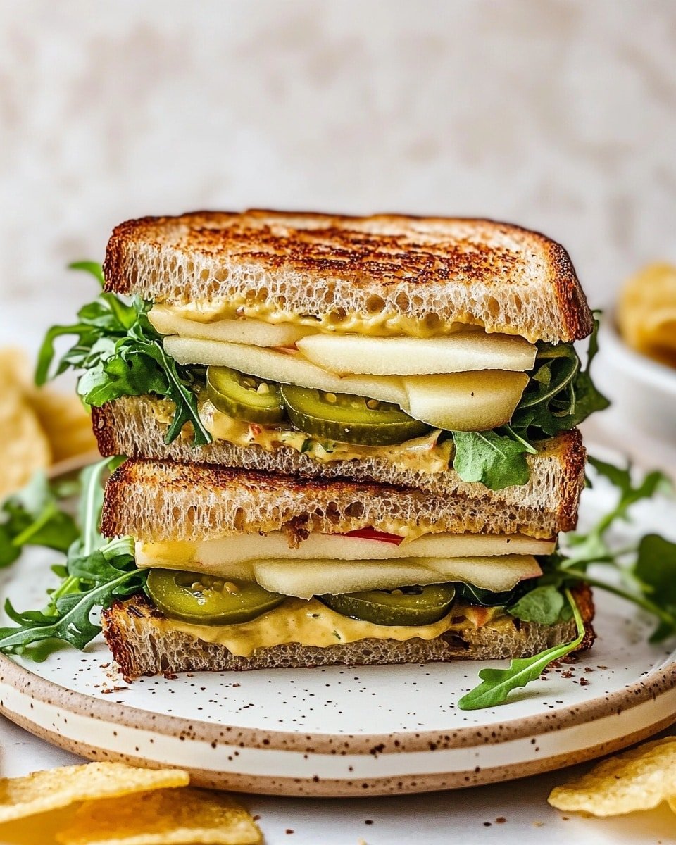 The image shows a tall sandwich cut in half and stacked with three thick slices of golden-brown toasted bread. Between the bread layers, there is a spread of grainy mustard with visible mustard seeds, a crisp layer of green arugula leaves, thin slices of white and red apple, and pale green pickle slices on top. The sandwich also contains a melted white cheese layer that looks soft and slightly bubbly, with some jalapeno slices mixed in. The sandwich sits on a white plate with speckles, surrounded by a few pale yellow potato chips and some green arugula leaves, placed on a wooden board with a white marbled surface in the background. Photo taken with an iphone --ar 4:5 --v 6.1