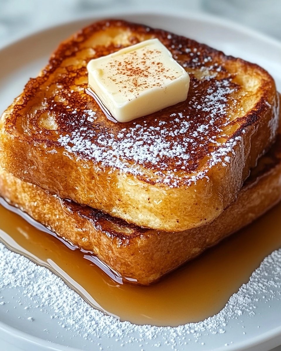 Two thick slices of golden brown French toast are stacked on a white plate. The toast has a shiny, crispy surface with some darker browned spots, giving the texture a slightly rough look. On top of the upper slice, there is a small square of soft white butter sprinkled with light brown cinnamon powder. The whole stack is covered with a drizzle of golden maple syrup that pools around the base, and a light dusting of white powdered sugar is spread over the toast. The plate sits on a white marbled surface. photo taken with an iphone --ar 4:5 --v 6.1