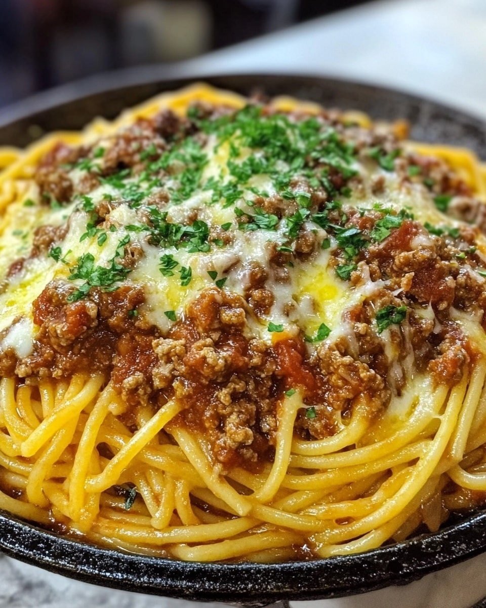 A mound of yellow spaghetti noodles mixed with chunks of cooked brown meat sauce, piled high in a black pan. The bottom layer shows melted white and orange cheese blending into the edges of the pan. The top of the spaghetti is sprinkled with finely chopped green herbs. The background features a white marbled surface with blurred details. Photo taken with an iphone --ar 4:5 --v 6.1