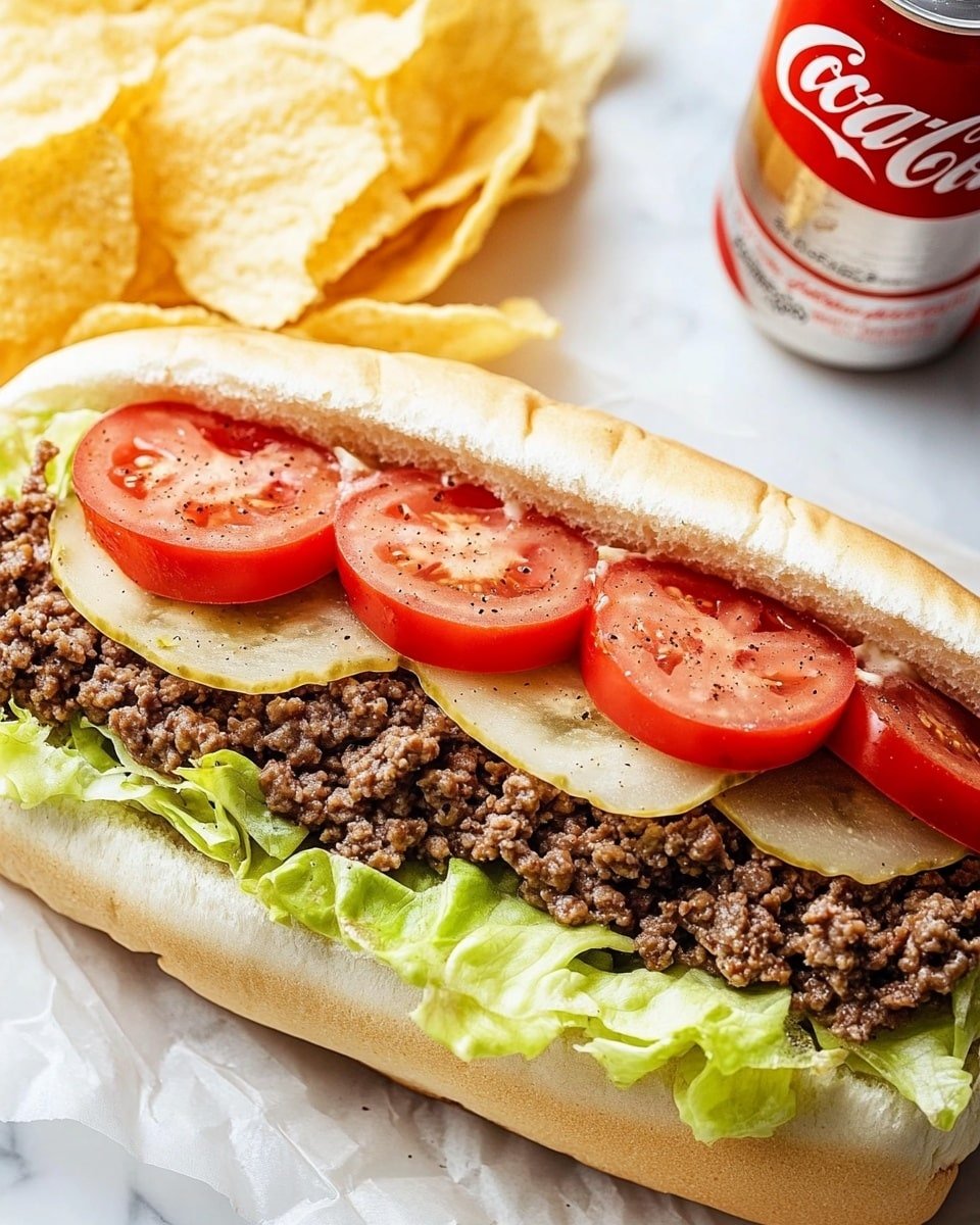 The image shows a long sandwich on a white soft bun. The sandwich has four layers: at the bottom, shredded light green lettuce spread thickly, above it there is a layer of cooked ground beef with a slightly crumbly texture, topped with four bright red round tomato slices sprinkled with black pepper, and more shredded lettuce on the side. The sandwich sits on parchment paper over a white marbled surface. Next to it, there is a partially open yellow bag of pale yellow potato chips, with some chips spilled out on the paper. A silver Diet Coke can with a red logo is placed nearby. photo taken with an iphone --ar 4:5 --v 6.1
