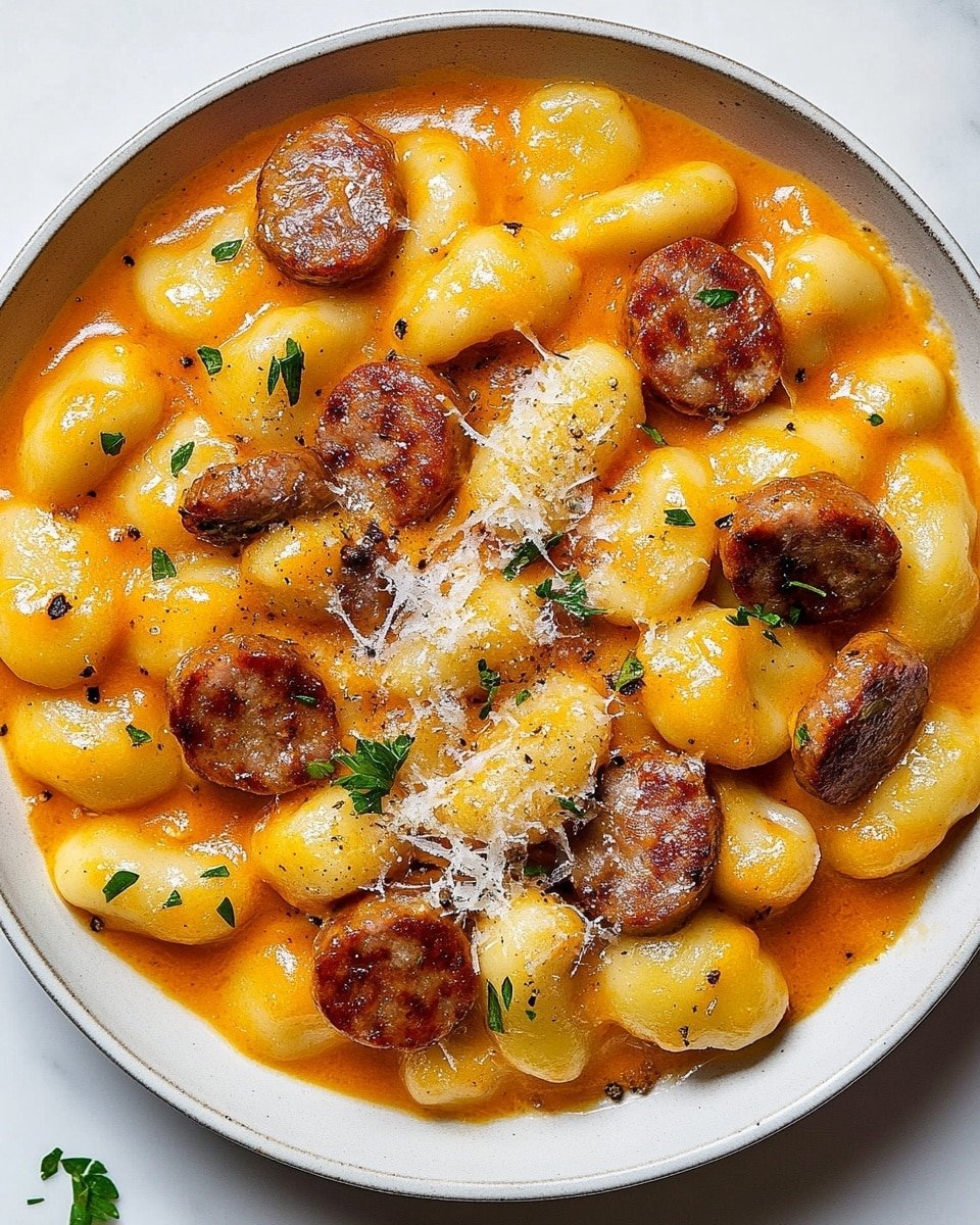 The image shows a white bowl filled with soft gnocchi pieces covered in a thick, bright orange sauce. Scattered among the gnocchi are browned sausage slices, adding a textured golden-brown layer. The dish is topped with small green parsley leaves and light thin shreds of cheese that brighten the look. The sauce has a smooth, creamy texture and slight specks of black pepper are visible throughout. The bowl is placed on a white marbled surface. photo taken with an iphone --ar 4:5 --v 6.1