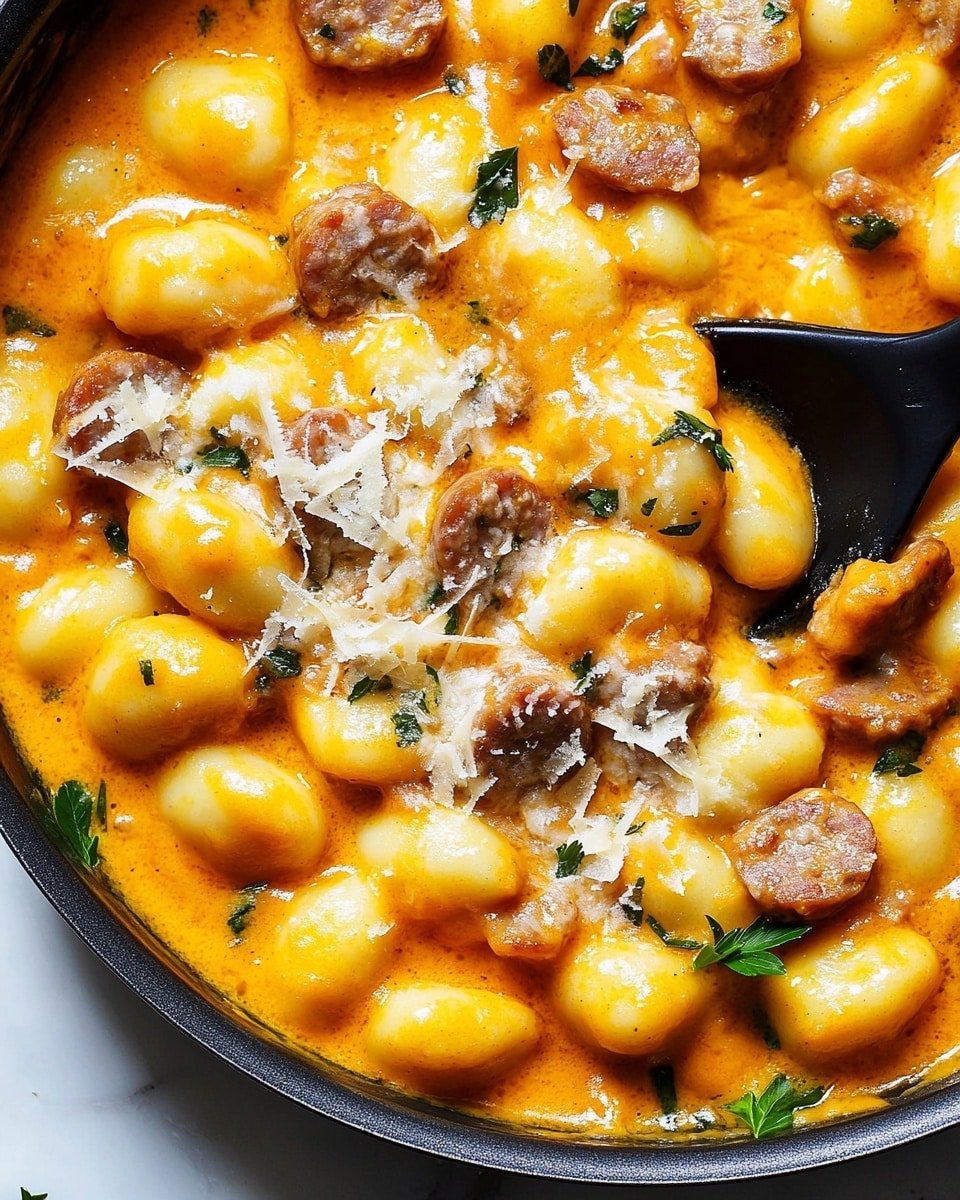 A bowl filled with soft, plump gnocchi covered in creamy, bright orange sauce that looks smooth and thick; evenly mixed in are round, browned sausage slices with a slightly crispy edge. The dish is topped with thin, white shavings of cheese and small, fresh green parsley leaves scattered across, adding color and texture. The bowl is white, resting on a white marbled surface, creating a clean and simple background. Photo taken with an iphone --ar 4:5 --v 6.1