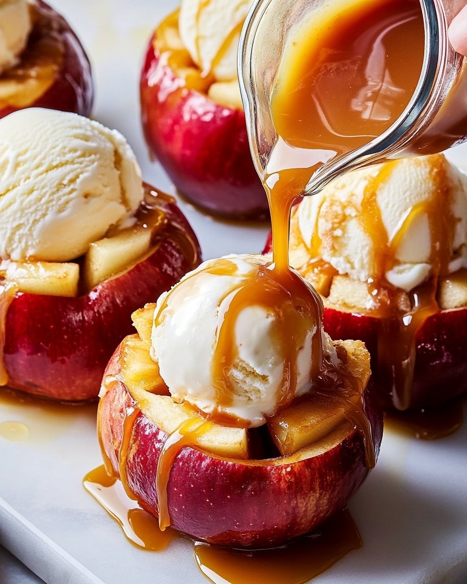 A close-up of six baked apple cups arranged on a white marble surface, each apple hollowed out and segmented with the skin intact, filled with soft, cooked apple pieces inside. On top of each apple cup is a round scoop of creamy vanilla ice cream with a smooth texture, drizzled with golden caramel sauce in thin stripes. A woman's hand is pouring extra caramel sauce from a small glass container onto one scoop of ice cream, creating a glossy drizzle that flows down the ice cream and apple. The apple skins are a deep red with a slight shine, and the apple flesh is light golden brown with a soft, slightly textured look. Photo taken with an iphone --ar 4:5 --v 6.1