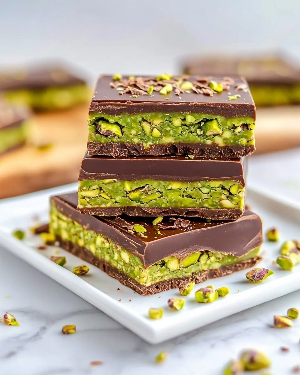 The image shows three stacked chocolate bars on a white rectangular plate with a white marbled surface. Each bar has two layers: the top and bottom layers are brown chocolate with green swirls on the top, and the middle layer is a thick, bright green pistachio filling with a slightly textured, shredded look. There are some pistachio pieces scattered around the plate and surface. In the background, a blurred wooden board with more chocolate bars can be seen. photo taken with an iphone --ar 4:5 --v 6.1