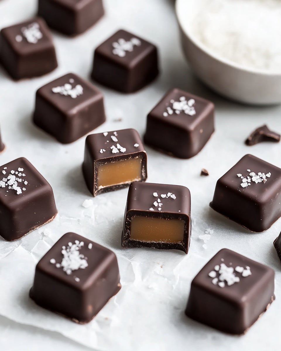 This image shows several square dark chocolate candies scattered on crumpled white parchment paper over a white marbled surface. Each candy has two layers: a smooth dark chocolate outer shell and a soft light caramel center visible in the two candies that are cut open in the middle. The top of each candy is decorated with small white flakes, likely sea salt, adding texture and contrast against the rich dark chocolate. A small white bowl filled with more white flakes is placed in the background on the right side of the frame. Photo taken with an iphone --ar 4:5 --v 6.1