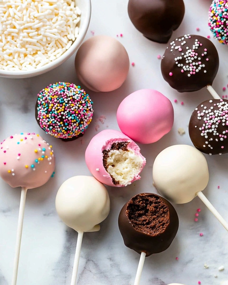 The image shows a variety of cake pops arranged on a white marbled surface. There are three color types: soft pink, white, and dark brown. Each cake pop is round and covered smoothly with its coating, with some pink and white ones topped with small white sprinkles, while the dark brown and white ones have bright, colorful sprinkles on top. A few cake pops have bites taken out, showing a dense, light cake inside, with the dark brown ones revealing chocolate cake and the white and pink ones showing vanilla cake. The cake pops are placed closely together with their white sticks resting on the surface. There is also a white bowl filled with small white round sprinkles at the top left corner of the image. photo taken with an iphone --ar 4:5 --v 6.1