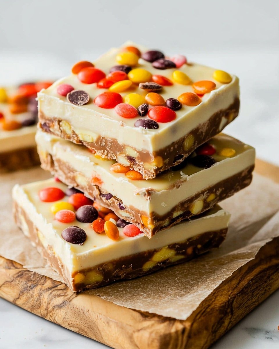A stack of four white chocolate peanut butter bars rests on a wooden board with a piece of brown parchment underneath. Each bar shows three visible layers: a smooth white chocolate layer on the bottom, a thick creamy peanut butter layer in the middle with a slightly rough texture, and a white chocolate layer on top embedded with colorful candy pieces in red, orange, yellow, and dark purple, adding bright accents. The bars are unevenly stacked, leaning slightly to the side, with another bar lying flat to the left. The background is a white marbled texture. photo taken with an iphone --ar 4:5 --v 6.1