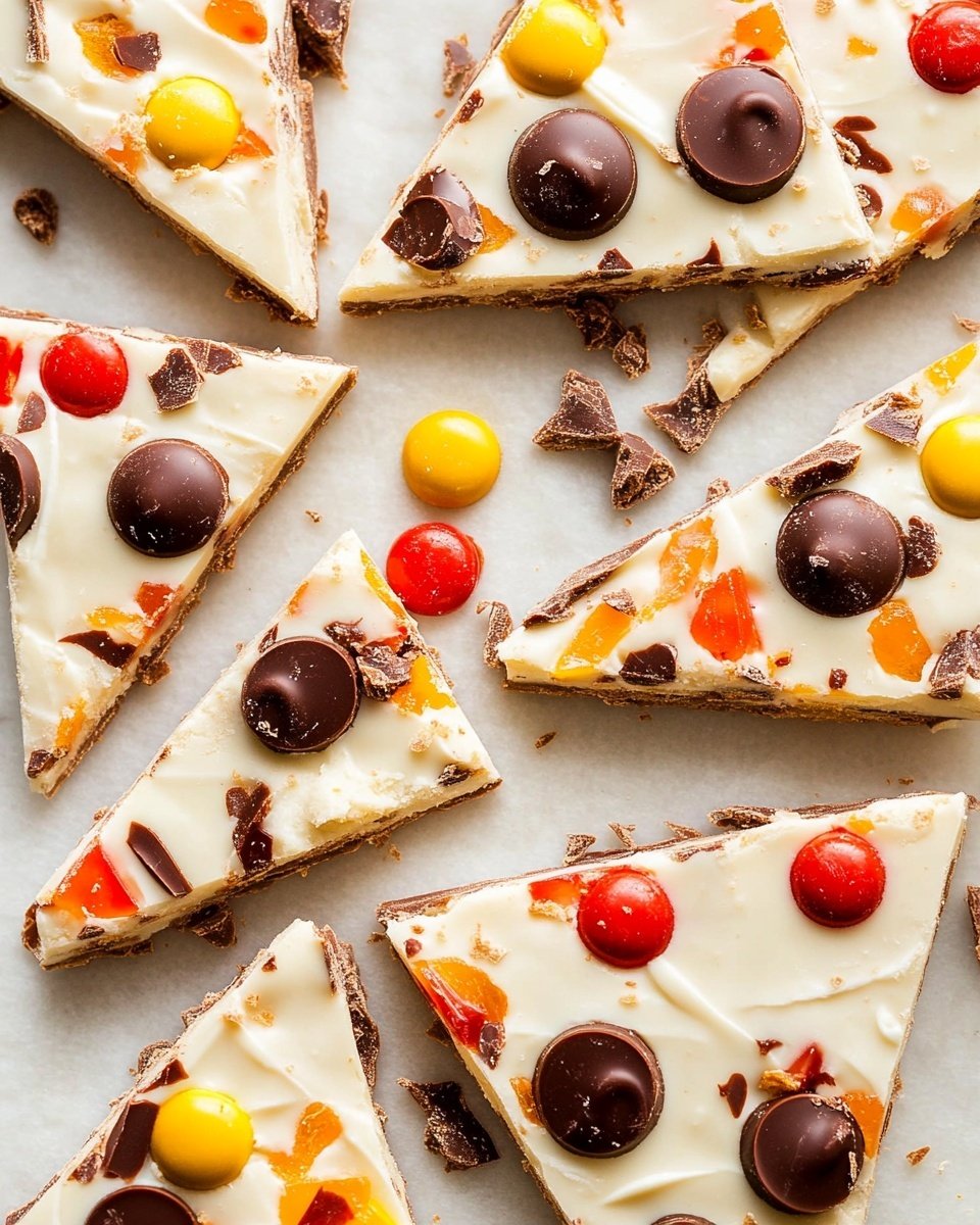 The image shows several square and triangular pieces of a dessert bark arranged closely on a white marbled surface. Each piece has two visible layers: a thicker light brown base with a crumbly texture and a smooth, creamy white top layer. Scattered on the top layer are broken pieces of round, colorful candy-coated chocolates in red, yellow, and dark brown, adding a bright and playful touch. The pieces are varying in size, overlapping slightly with some small crumbs around. The lighting highlights the smoothness of the white layer and the texture of the base very clearly. photo taken with an iphone --ar 4:5 --v 6.1