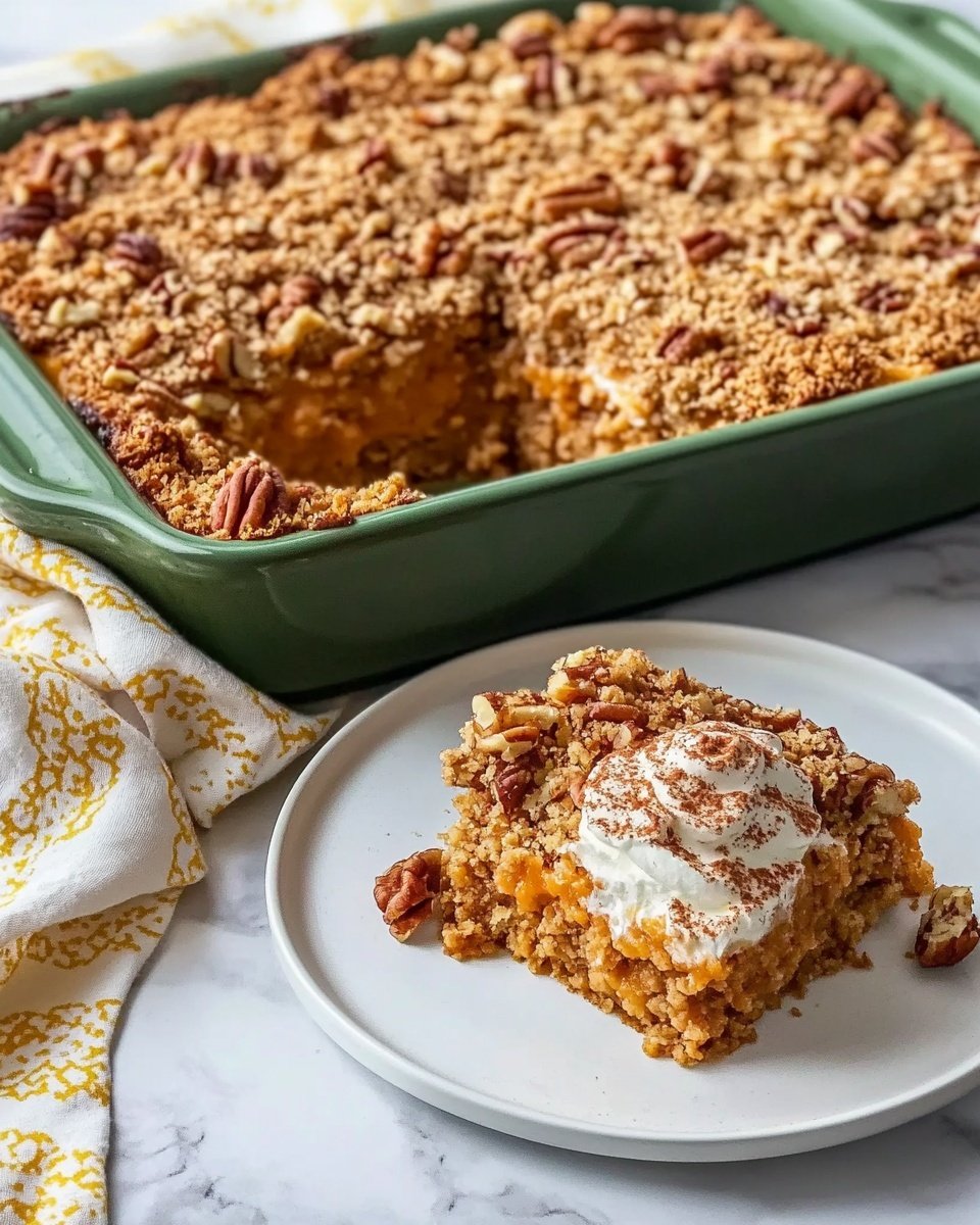 The image shows a baked dessert with two visible layers. The bottom layer is thick, soft, and orange, resembling a pumpkin or sweet potato base. The top layer is a crumbly, light brown topping sprinkled with pieces of pecans. One square piece is served on a white plate in the front, topped with a dollop of whipped cream and a light dusting of cinnamon. In the background, the rest of the dessert is still in a dark green baking dish, with a portion missing. The dish sits on a white and mustard yellow striped cloth, all placed on a white marbled surface. Photo taken with an iphone --ar 4:5 --v 6.1