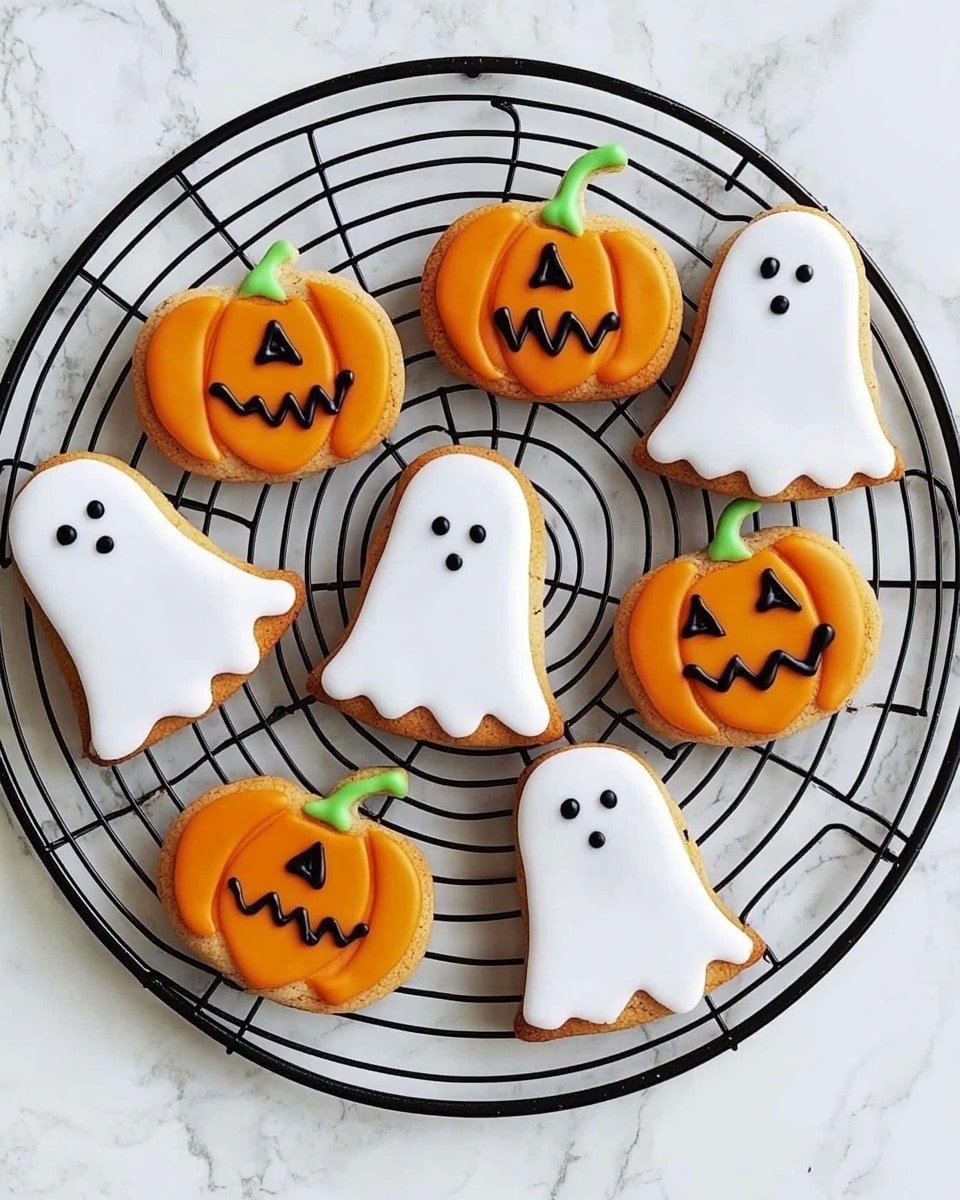 The image shows nine Halloween-themed cookies on a round black cooling rack placed on a white marbled surface. Five cookies are shaped like ghosts, covered with smooth white icing and decorated with three small black dots for eyes and mouth. Four cookies are pumpkin-shaped, iced with bright orange and decorated with black triangle eyes and jagged mouths, plus a thin green stem and vine detail on top. The cookies have a slightly shiny texture, and the ghost and pumpkin shapes are neat and clearly defined. photo taken with an iphone --ar 4:5 --v 6.1