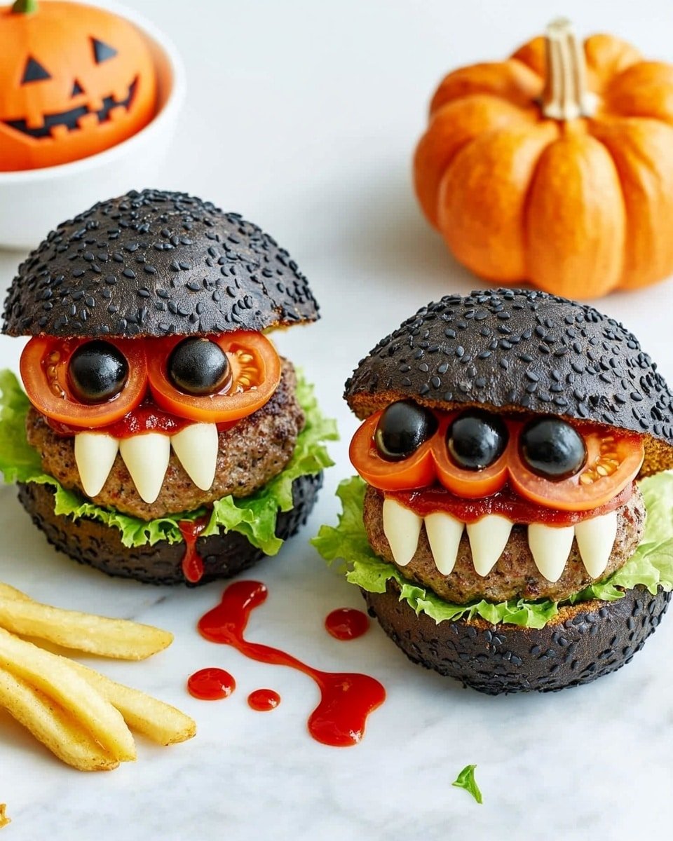 Two black sesame seed buns form the base and top of each burger. The bottom bun is layered with bright green lettuce, followed by a dark brown burger patty. On top of the patty, there is a circle of red tomato, and then a white cheese is placed with jagged edges resembling sharp teeth around the patty. Drips of red sauce imitate blood running down from the tomato. The top bun sits above with two round red tomato slices and two black olives placed on them, creating eyes. These monster-inspired burgers are set on a white marbled surface, accompanied by two small pumpkin decorations with faces carved on them. In the background, there is a white bowl filled with thin fries. Photo taken with an iphone --ar 4:5 --v 6.1