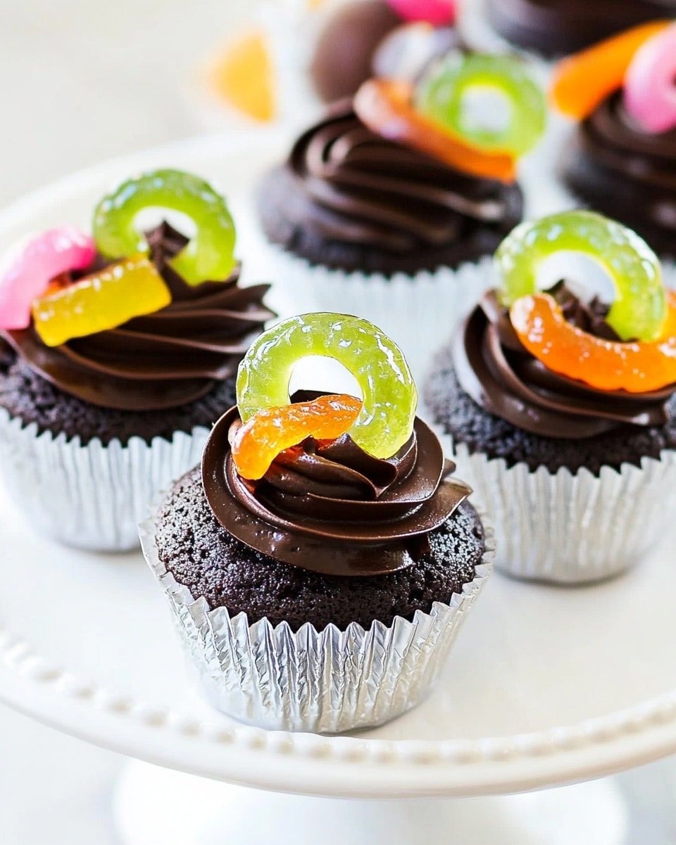 The image shows five dark chocolate cupcakes in shiny white foil liners, arranged on a white marbled surface. Each cupcake has a colorful, translucent gelatin-like candy piece in green, orange, and red placed on top. A thin, curved, dark chocolate decoration arches over the candy on each cupcake, adding height and contrast. The cupcakes have a rich, slightly rough texture visible beneath the candy decorations. The bright colors of the jelly candies stand out against the dark brown cupcakes and white liners. Photo taken with an iphone --ar 4:5 --v 6.1