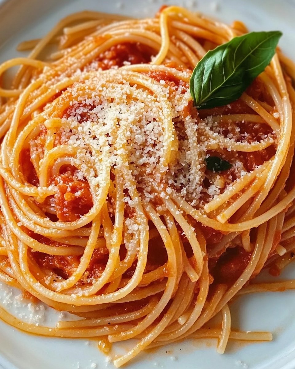 A white plate holds a pile of spaghetti pasta coated in a rich red tomato sauce, with a few small pieces of tomato visible. The pasta strands are tangled and loosely arranged in layers, with a generous layer of finely grated white cheese sprinkled over the top, adding a light, fluffy texture. A single green basil leaf rests near the edge of the pasta, adding a splash of color. The plate sits on a white marbled surface. Photo taken with an iphone --ar 4:5 --v 6.1