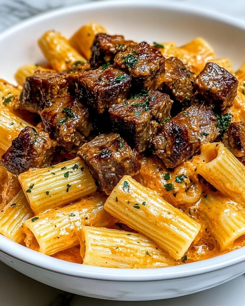 Cajun Steak Tips in Cheesy Rigatoni Parmesan Sauce Recipe