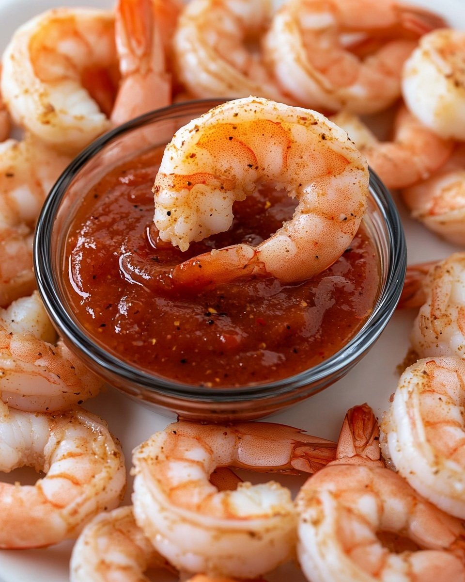 A white plate sits on a white marbled surface, filled with a single layer of cooked shrimp that have a light pinkish-orange color with slight seasoning visible. In the center of the plate, a small clear glass bowl holds thick, deep red cocktail sauce with specks of spices and garlic. One shrimp is dipped halfway into the sauce, its tail sticking out and creating a glossy texture contrast between the shrimp and the thick sauce. The shrimp around the bowl are arranged without overlapping too much, showing their curled shape and smooth shells. photo taken with an iphone --ar 4:5 --v 6.1