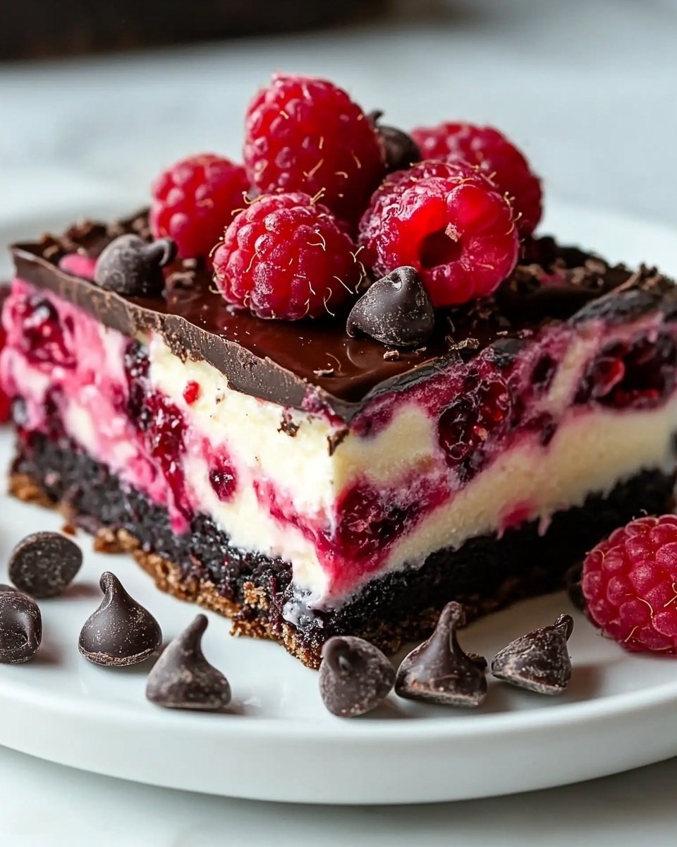 A dessert square with four layers sits on a white plate with a white marbled surface underneath. The bottom layer is a dark brown, crumbly crust. Above it is a thick, dark chocolate layer. The third layer is creamy white with mixed red raspberries and juice swirled throughout. The top layer is a smooth, dark chocolate glaze. On top of the dessert are fresh red raspberries and dark chocolate chips scattered around. Some chocolate chips and one raspberry rest on the plate by the dessert. Photo taken with an iphone --ar 4:5 --v 6.1