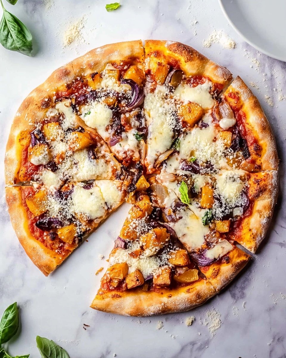 This image shows two slices of pizza resting on a white marbled surface. Each slice has a golden-brown crust with a visible layer of red tomato sauce underneath creamy melted cheese. Toppings include dark brown, slightly wrinkled mushrooms and small orange cubes that look like roasted squash or sweet potatoes, scattered unevenly on top. The cheese appears bubbly and slightly browned in spots, with some fine grated cheese sprinkled over the top. There is a small part of a white plate visible at the bottom edge of the image, and green leaves are seen at the top left corner. The overall look is warm and inviting, with a rustic appeal. Photo taken with an iphone --ar 4:5 --v 6.1