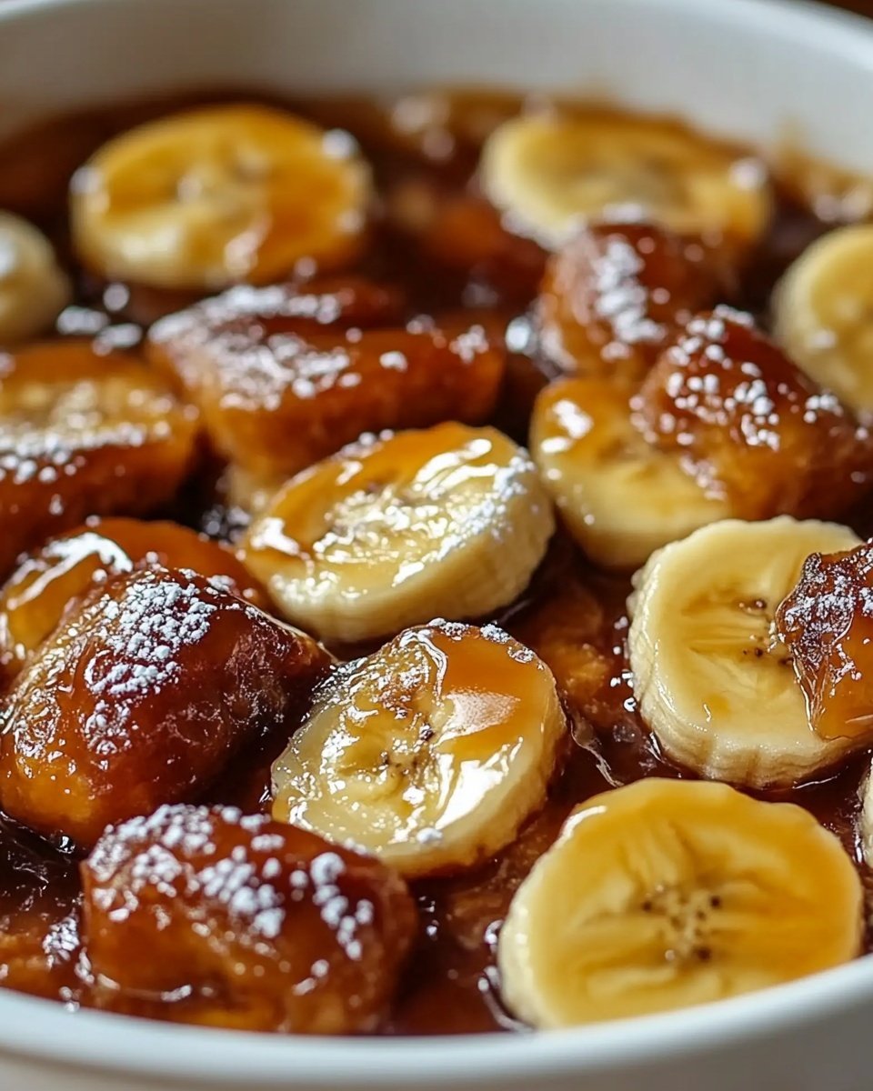 The dish in the white bowl has a base layer of soft golden baked cake or pudding, covered with a thick shiny caramel sauce. On top of this are crunchy clusters of granola and small pieces of golden brown crumbly biscuit. There are several slices of fresh banana placed evenly around the bowl, showing their light yellow flesh and darker seeds in the center. Dollops of white whipped cream are scattered among the banana slices and granola, adding a soft and fluffy texture contrast. The bowl sits on a wooden board with a blurred background, all on a white marbled surface. Photo taken with an iphone --ar 4:5 --v 6.1