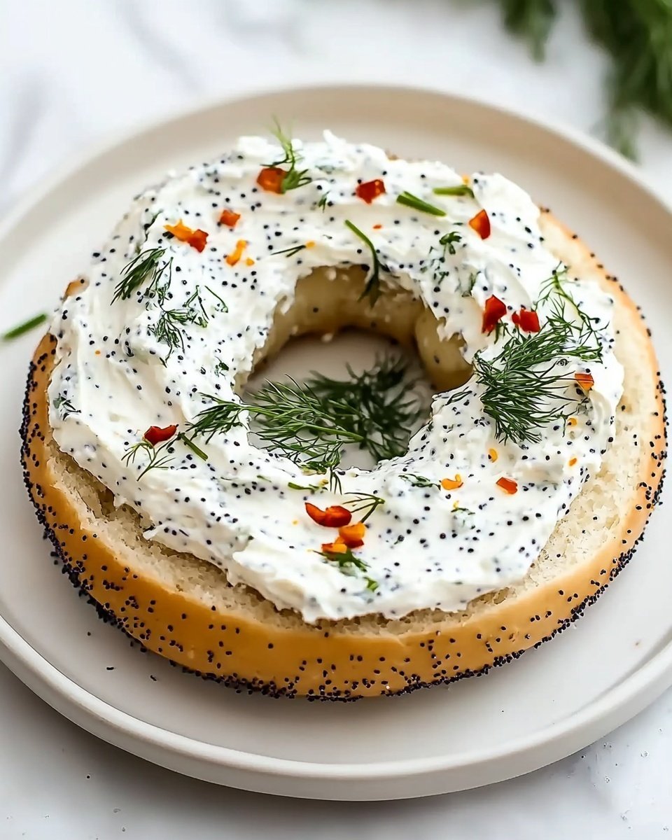 A single poppy seed bagel sliced open and laid flat on a white plate with a white marbled background. The bottom layer is the dense, light tan bagel with black poppy seeds on the crust. On top is a thick, even layer of white cream cheese mixed with small green herb bits. The cream cheese is generously spread, covering almost the entire surface of the bagel. Scattered on top are small pieces of bright red chili flakes and fine green dill sprigs, adding color contrast and texture. photo taken with an iphone --ar 4:5 --v 6.1