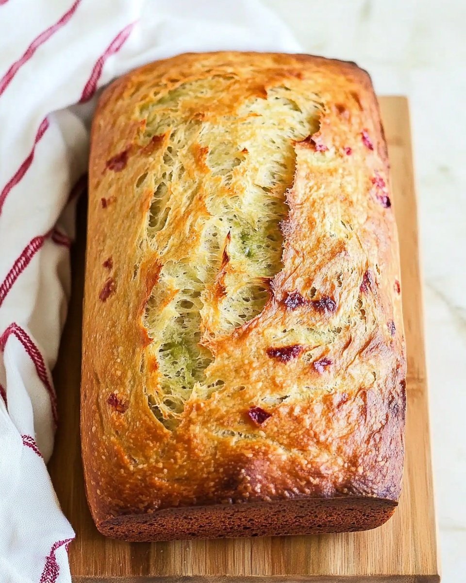 A golden brown loaf of bread with a crack running through the middle, revealing a slightly lighter, soft inside with bits of darker spots scattered throughout. The loaf's texture looks slightly rough and crumbly on top, with a few small dark pieces embedded in the crust, hinting at added ingredients inside. It sits directly on a light wooden board with a white cloth featuring red stripes on the side. The background is a white marbled texture. photo taken with an iphone --ar 4:5 --v 6.1