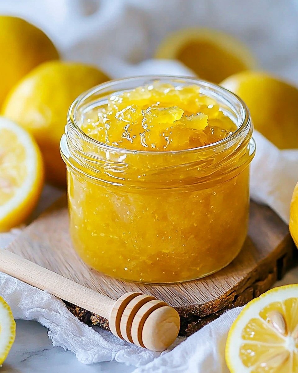 A clear glass jar filled with thick, glossy yellow lemon jam that has small translucent chunks throughout. The jar is placed on a small white wooden board with some rustic cloth under it, and next to the jar is a bright yellow lemon half showing its seeds and juicy pulp. In the background, there are whole and halved lemons slightly out of focus, along with a wooden honey dipper with honey on its grooves resting on the white marbled surface. The colors are bright with a mix of yellow and natural wood tones, showing freshness and richness. photo taken with an iphone --ar 4:5 --v 6.1