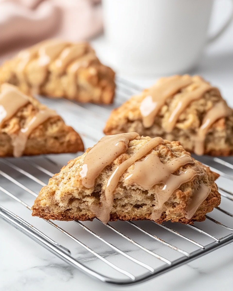 The image shows seven triangular brown scones with a rough, textured surface, placed on a baking sheet lined with white parchment paper. Each scone is topped with a smooth, shiny brown glaze that drips down the sides in uneven patterns. Below the baking sheet, on a white marbled surface, there is a small white bowl filled with more brown glaze. One scone is split into two pieces with the smaller piece topped with glaze resting nearby. A pink cloth is partially visible in the top left corner. The photo taken with an iphone --ar 4:5 --v 6.1