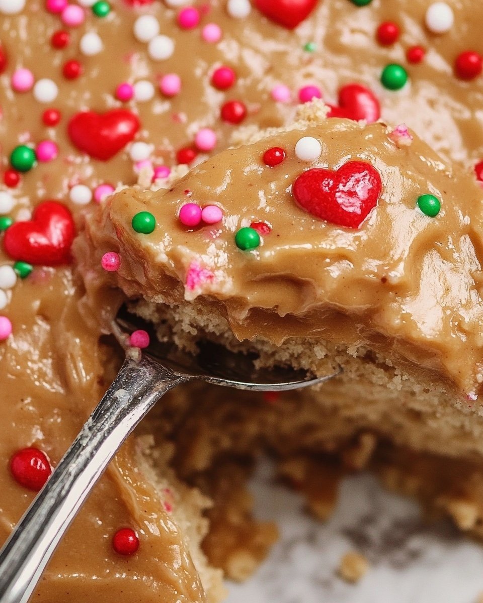 A close-up view of a soft, light brown cake with a thick layer of smooth tan icing spread on top. The icing is decorated with small, colorful sprinkles including red and pink heart shapes, tiny white, pink, green, and red round dots scattered evenly. A metal spoon is scooping a portion of the cake from the middle, showing a moist and crumbly cake texture beneath the icing. The background is a white marbled surface. Photo taken with an iphone --ar 4:5 --v 6.1