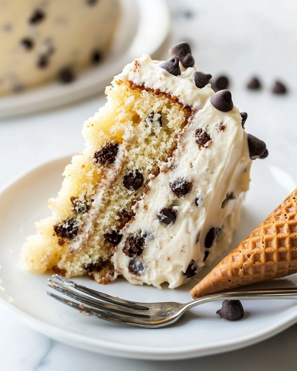 The image shows a slice of chocolate chip cake on a round wooden board with a white marbled background. The cake slice has two thick layers of light brown cake filled and covered with white cream frosting, which is speckled with small dark chocolate chips. On top of the cake slice is a small, curved, golden-brown pastry piece, also decorated with chocolate chips where it touches the cake. The texture of the cake looks soft and slightly crumbly, while the frosting appears smooth and creamy. Photo taken with an iphone --ar 4:5 --v 6.1