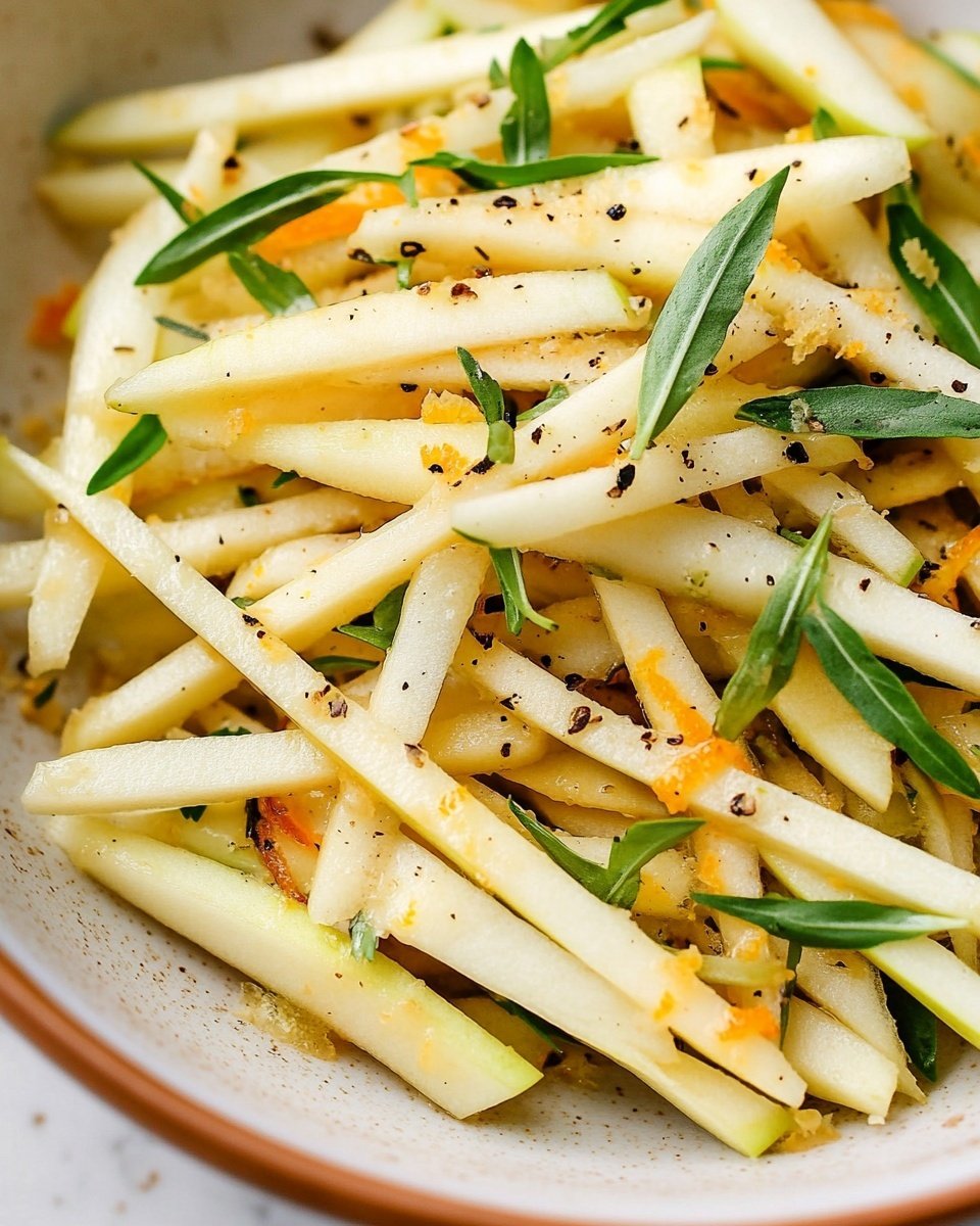 The image shows a close-up of thin, pale yellow apple sticks with light brown edges mixed with bright green herb strips scattered evenly through the dish. Small sunflower seeds and a light sprinkling of black pepper and orange zest are spread on top. The apple sticks have a fresh, crisp texture. They are placed in a white bowl, which is sitting on a white marbled surface. The photo has soft, natural lighting, showing the details and freshness of the ingredients. photo taken with an iphone --ar 4:5 --v 6.1
