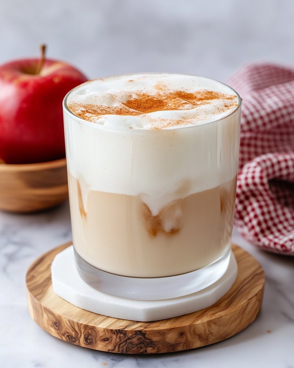 A clear plastic cup filled with a three-layered drink, placed on a small round white marble coaster; the bottom layer is creamy beige, the middle layer is a slightly lighter beige with some ice visible, and the top layer is thick white foam sprinkled with light brown cinnamon powder forming a diagonal line. Behind the cup, there is a red apple with yellow streaks, resting on a light gray textured surface changed to a white marbled texture. photo taken with an iphone --ar 4:5 --v 6.1