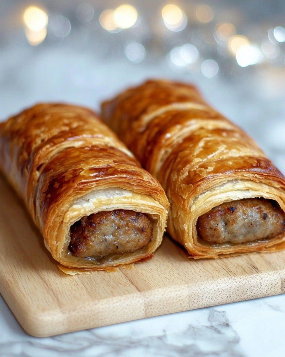 Three golden brown sausage rolls with flaky, puff pastry are stacked on a light wooden board on a white marbled surface. Each roll has a crispy, layered pastry outer crust with visible browning and small darkened spots. The inner filling is visible at the ends, showing a moist, light brown meat mixture with specks of seasoning. The layers of pastry wrap tightly around the filling, creating a spiral effect on the sides. The background is softly blurred with silver bokeh lights. Photo taken with an iphone --ar 4:5 --v 6.1