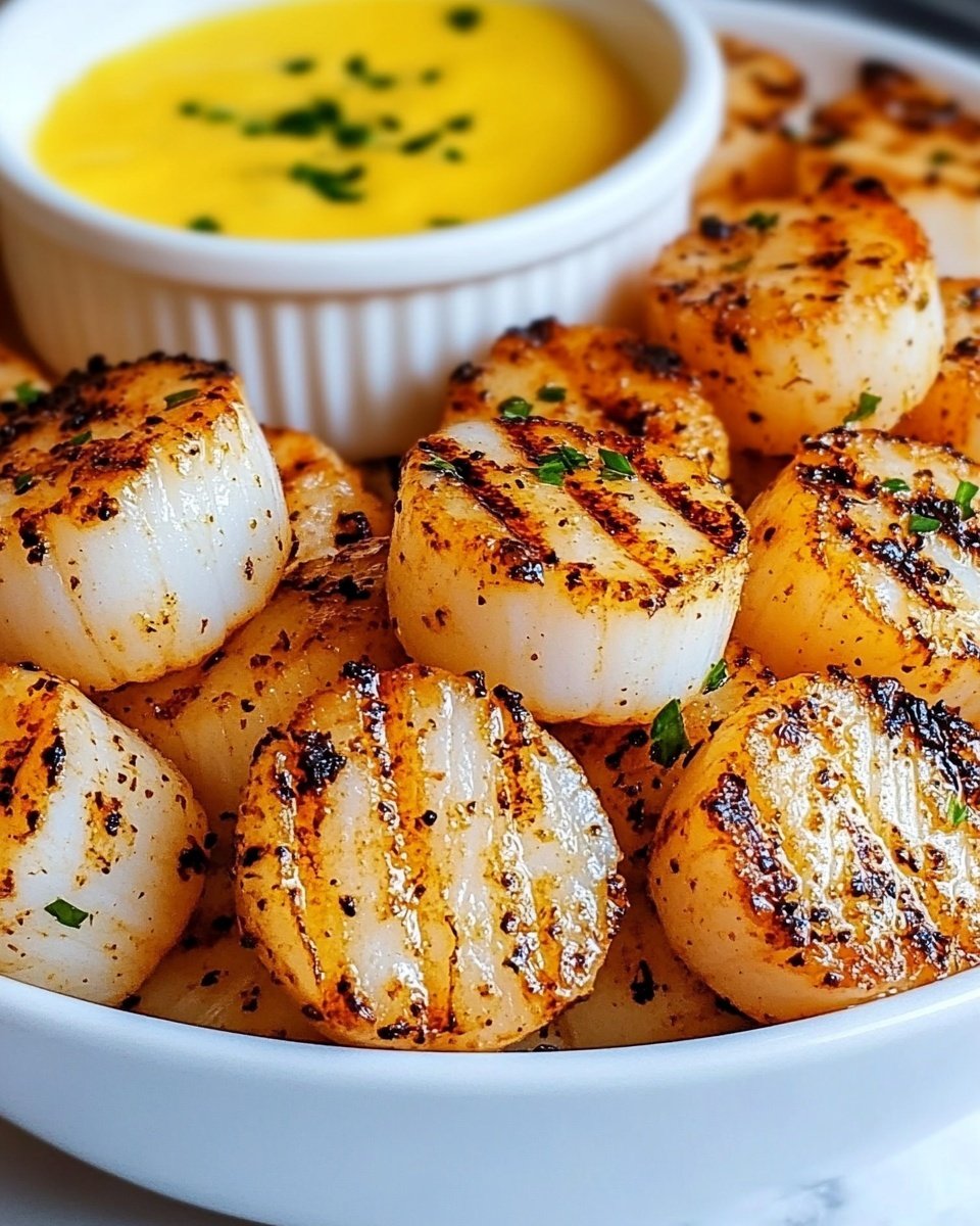 A large white plate is filled with many cooked scallops, each one round with a light creamy white center and a thin orange edge, seasoned with brown and green spices that give a textured look on top and sides. In the middle of the plate, there is a small white cup filled with thick light yellow sauce sprinkled with small green herb pieces. The plate sits on a white marbled surface, and the scallops look warm and slightly shiny from cooking. photo taken with an iphone --ar 4:5 --v 6.1